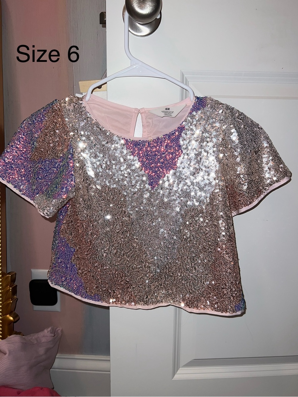 H&M Pink Sequin Short Sleeve Top with Iridescent Accents